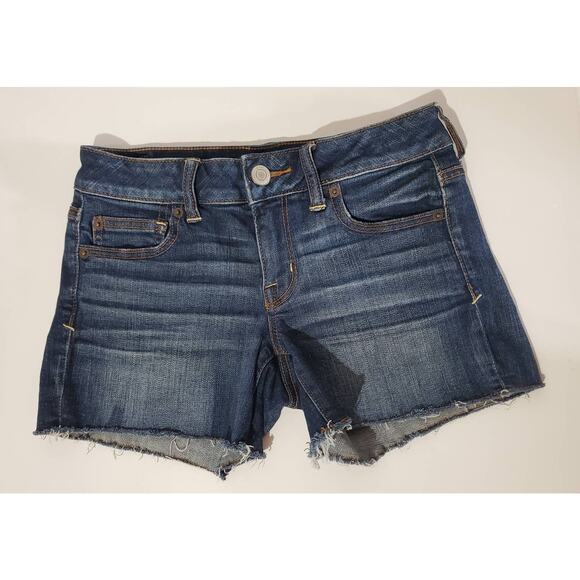American Eagle Super Stretch Raw Frayed Hem Dark Wash Jean Shorts Womens Size 4 - Picture 1 of 10